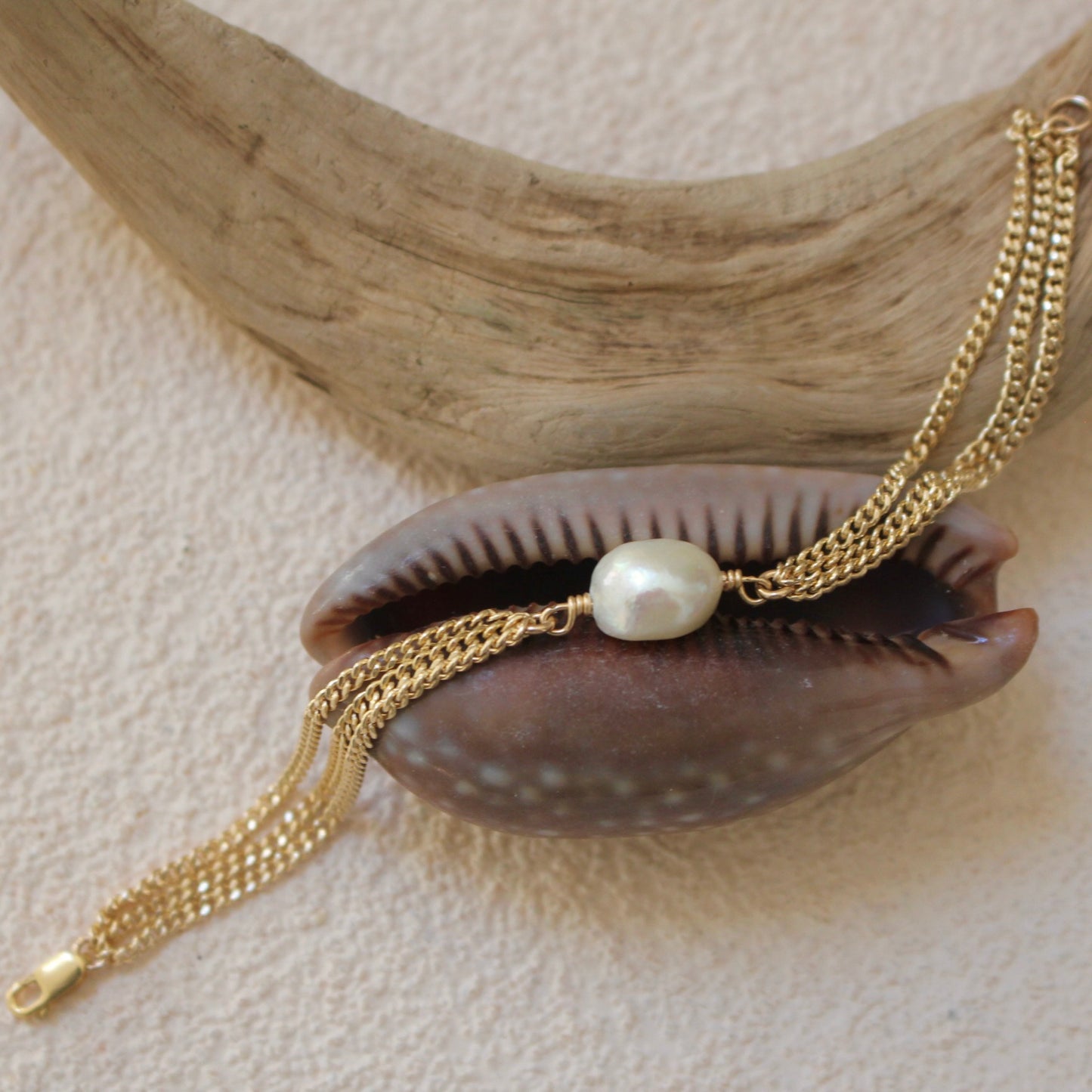 Trident of the Sea Pearl Triple Chain Bracelet