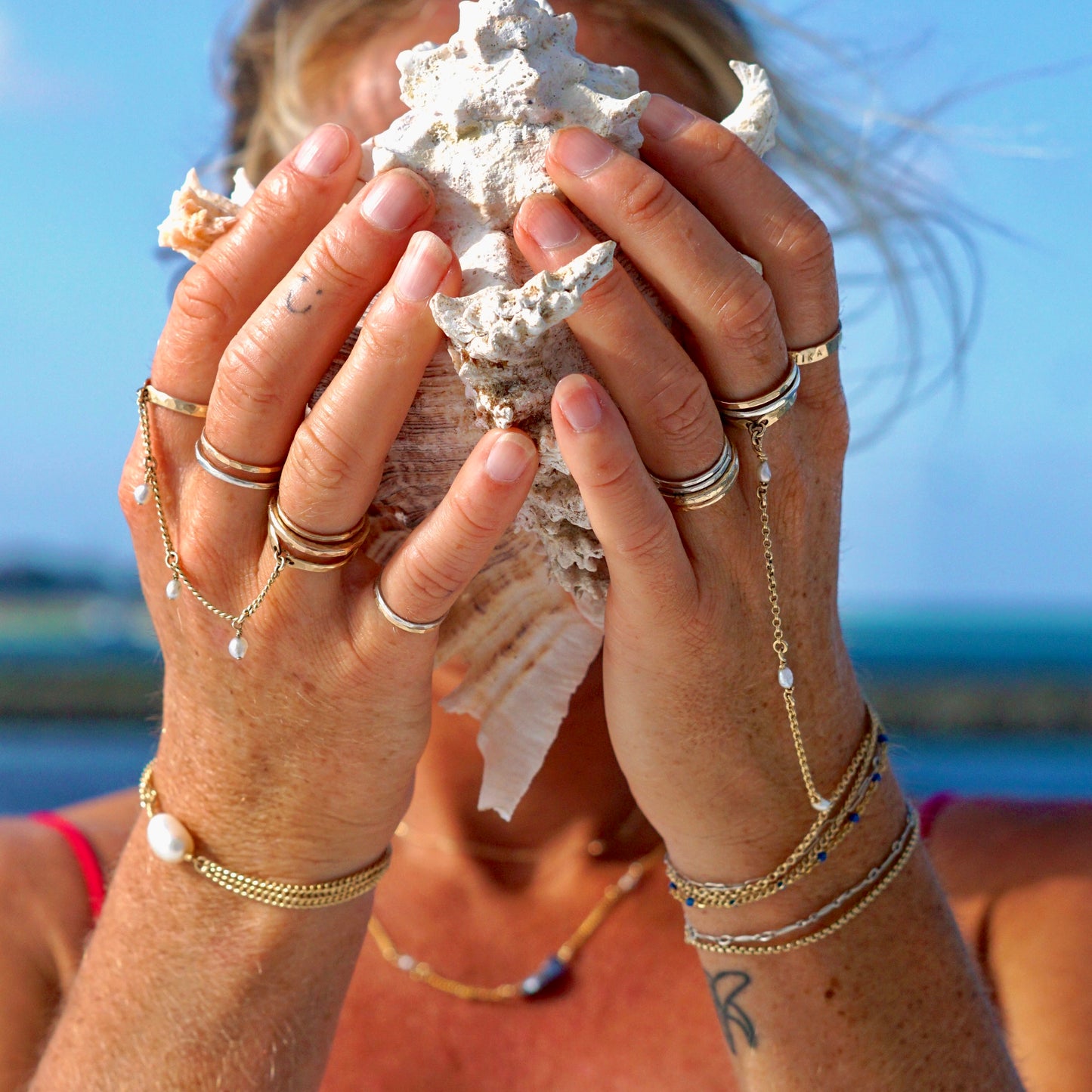 Trident of the Sea Pearl Triple Chain Bracelet